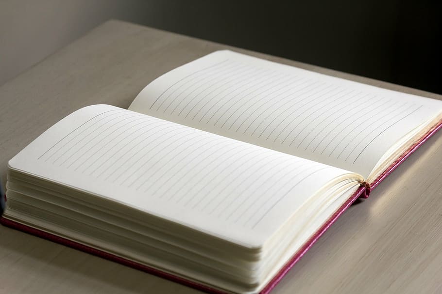 white book with red cover, journal, desk, wood, notebook, writing HD wallpaper