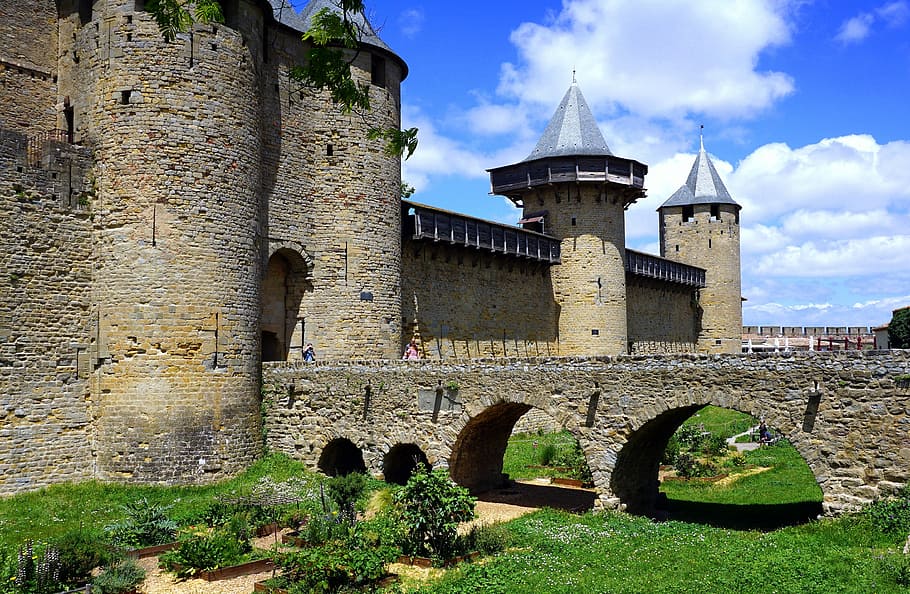 concrete castle under blue sky, Medieval, Carcassonne, France, HD wallpaper