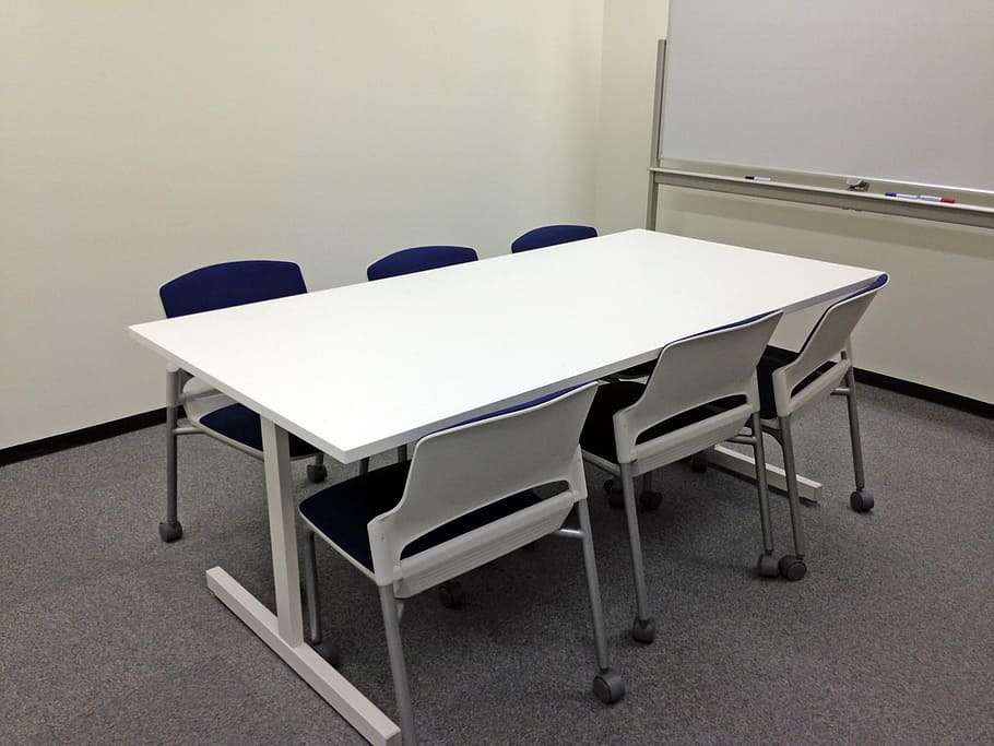 rectangular white table with six chairs on gray floor, conference room, HD wallpaper