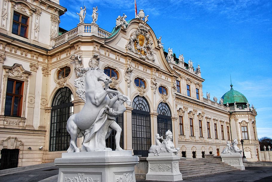 horse statues in front of building, vienna, belvedere palace, HD wallpaper