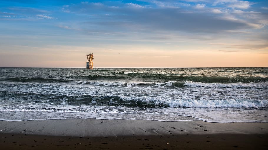 body of water under sky, sunset, cable beach, marbella, malaga HD wallpaper
