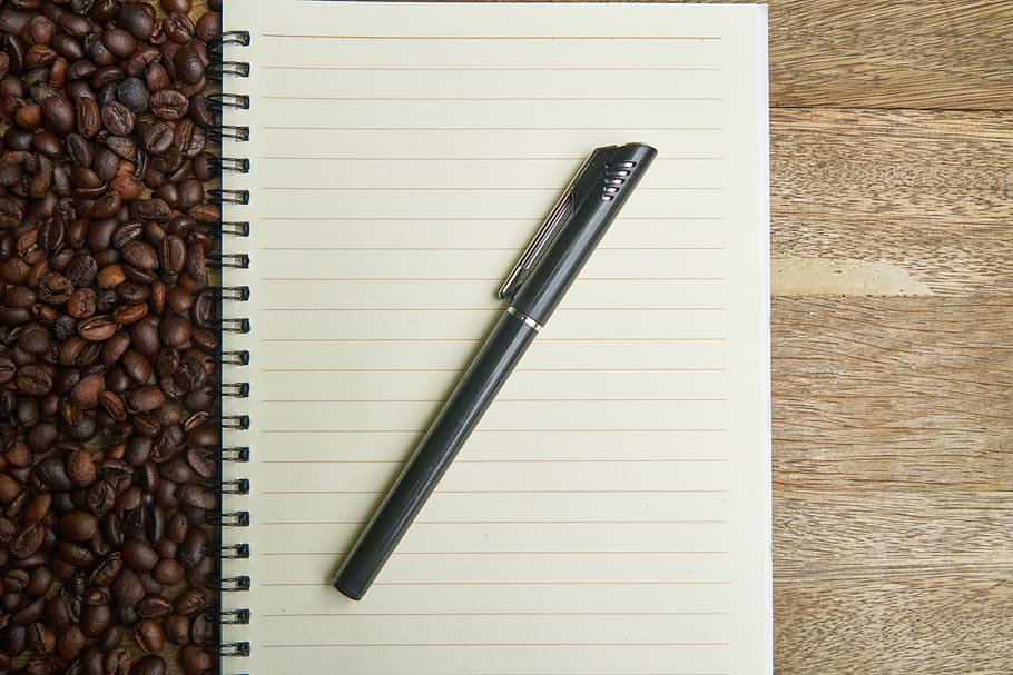notebook, coffee, course, the work, espresso, coffee bean, kernels HD wallpaper