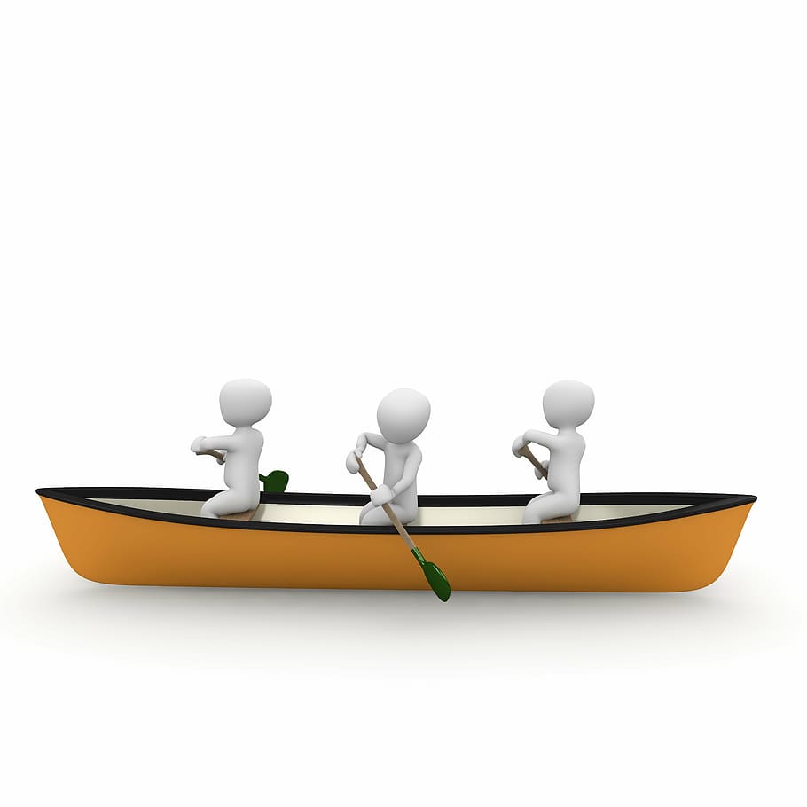 CGI illustration of three people using orange and black canoe HD wallpaper