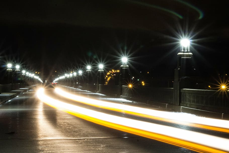 light streak, bridge, night, road, street, transportation, streaks HD wallpaper