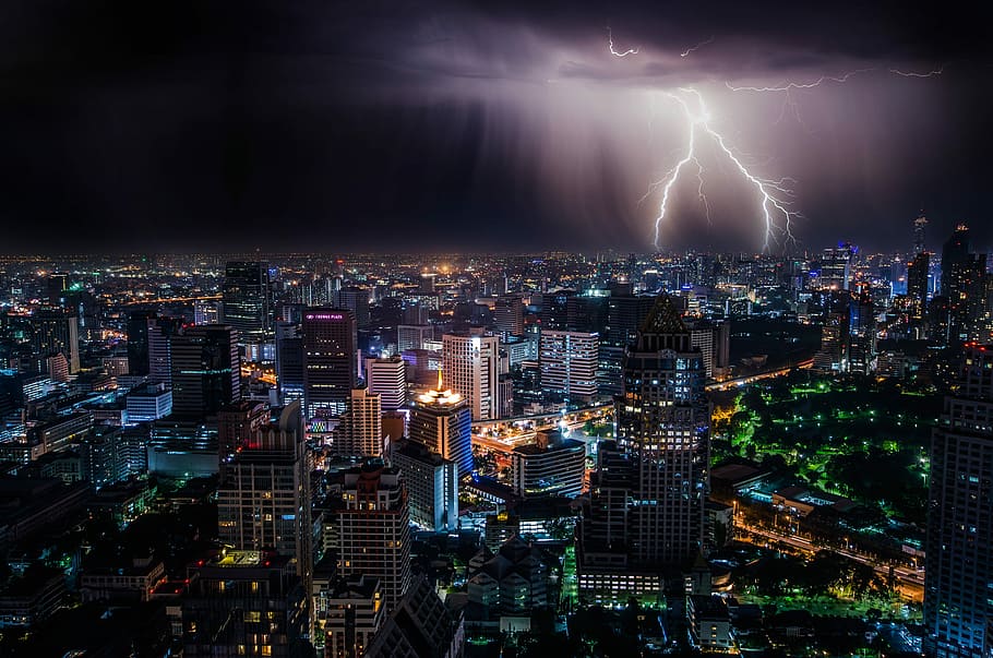 aerial view of city buildings with lightning strike, skycrapers with lightning HD wallpaper