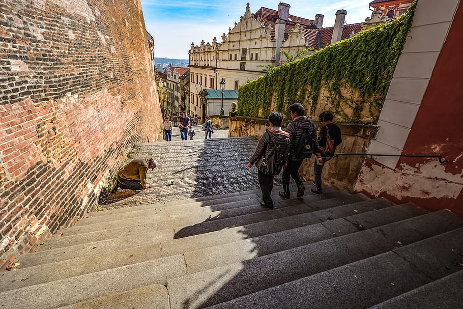 Prague, Beggar, Stairs, Steps, Stairway, tourist, city, unemployment HD wallpaper