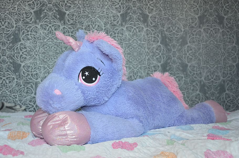 blue and pink unicorn plush toy, Teddy Bear, Purple, purry, children, HD wallpaper