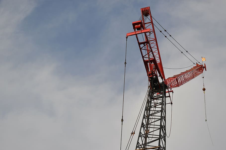 red crane equipment, construction, sky, construction site, construction icon HD wallpaper