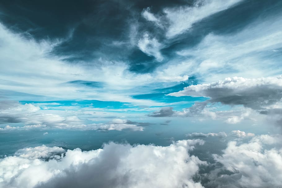 photo of cumulus clouds, nimbus, blue, sky, cloudy, aerial, view, HD wallpaper