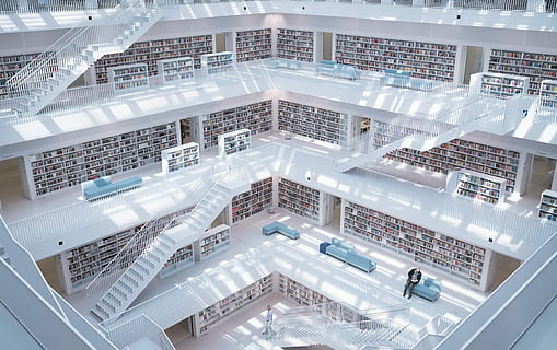 high-raise photography of library, person sitting on couch inside library HD wallpaper