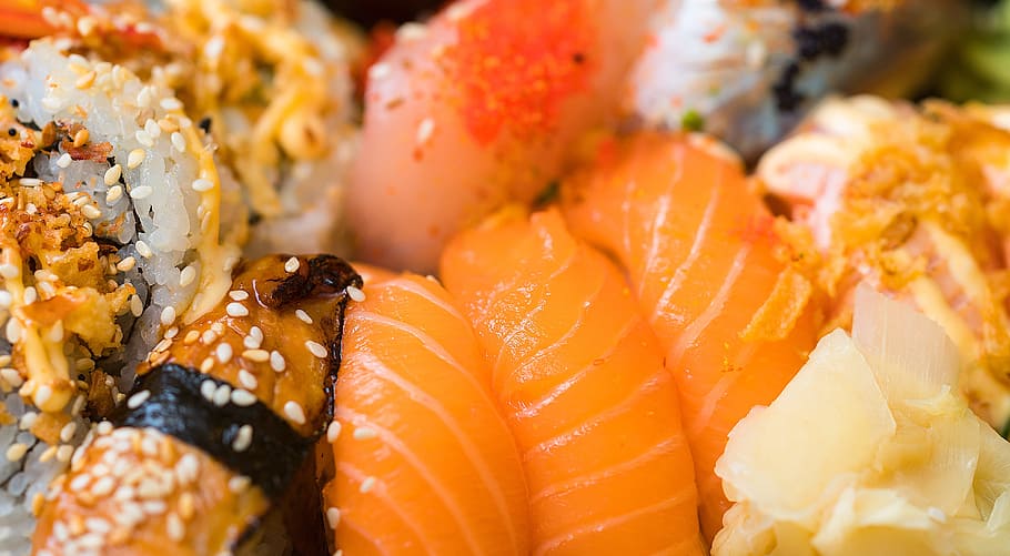 shallow focus photo of sashimi dish, sushi, take away, food, meal, HD wallpaper