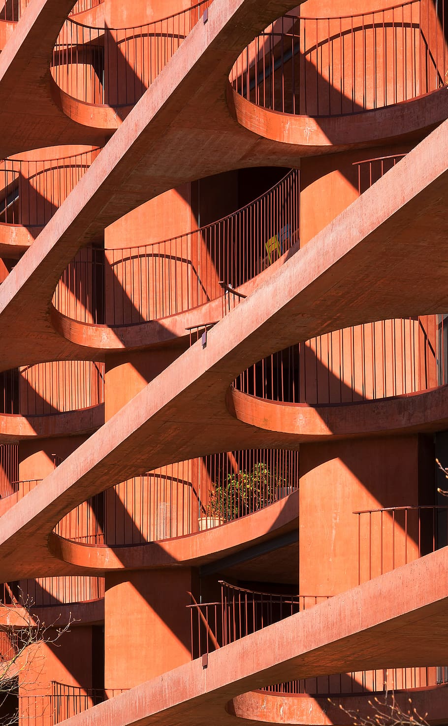 brown paint concrete building, Red diagonal, architecture, pattern HD wallpaper