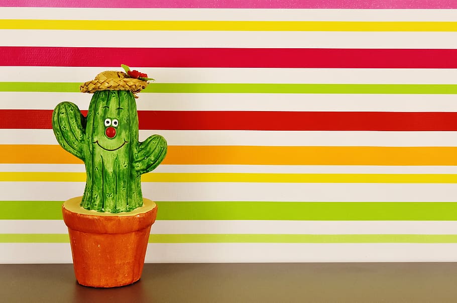 green cactus on clay pot, figure, funny, green color, striped HD wallpaper