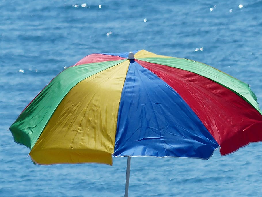 Parasol, Screen, Shade Tree, Beach, Sea, water, ocean, colorful HD wallpaper