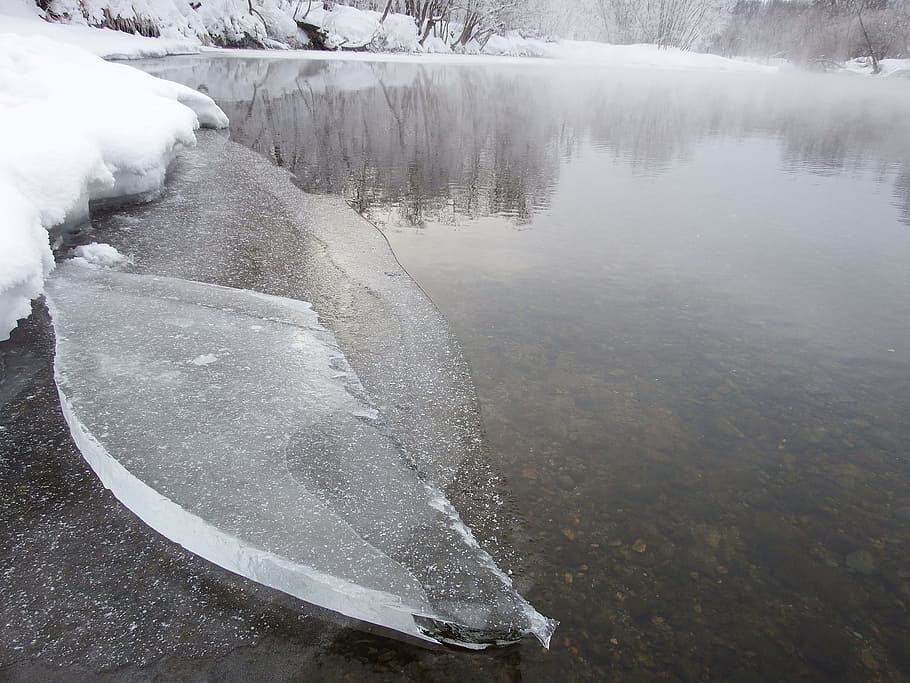 Winter, River, Beach, Snow, Ice, snowdrifts, fog, reflection HD wallpaper