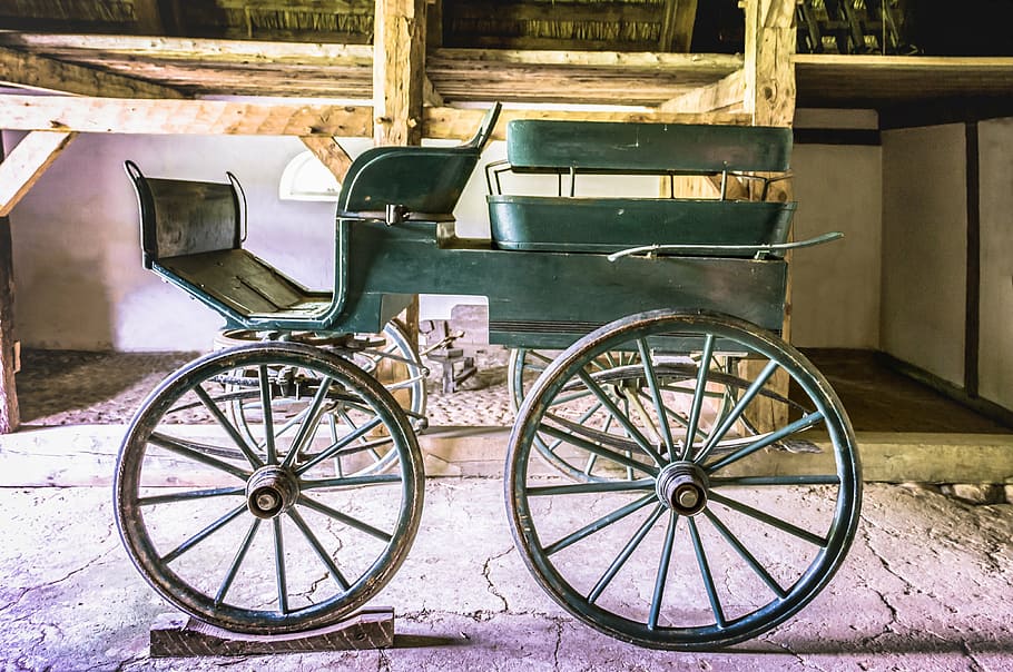 green carriage near table, coach, wooden coach, horse drawn carriage, HD wallpaper