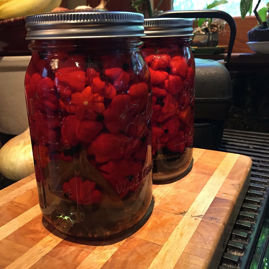 pepper, canning, jars, food and drink, container, table, red HD wallpaper