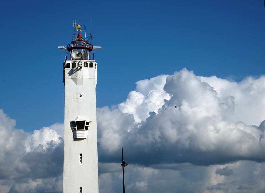 lighthouse, air, clouds, blue, white, monument, holiday, blue sky HD wallpaper