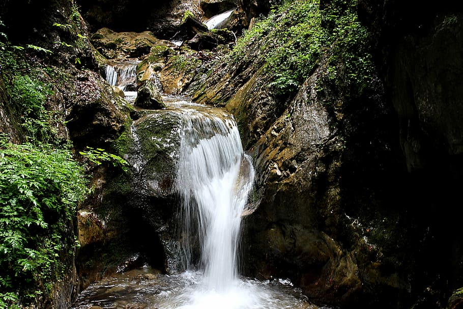falls covered with green grasses, waterfall, forest, nature HD wallpaper