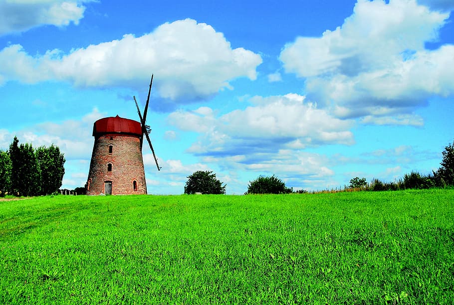 Windmill, View, Clouds, field, rural scene, wind power, green color HD wallpaper