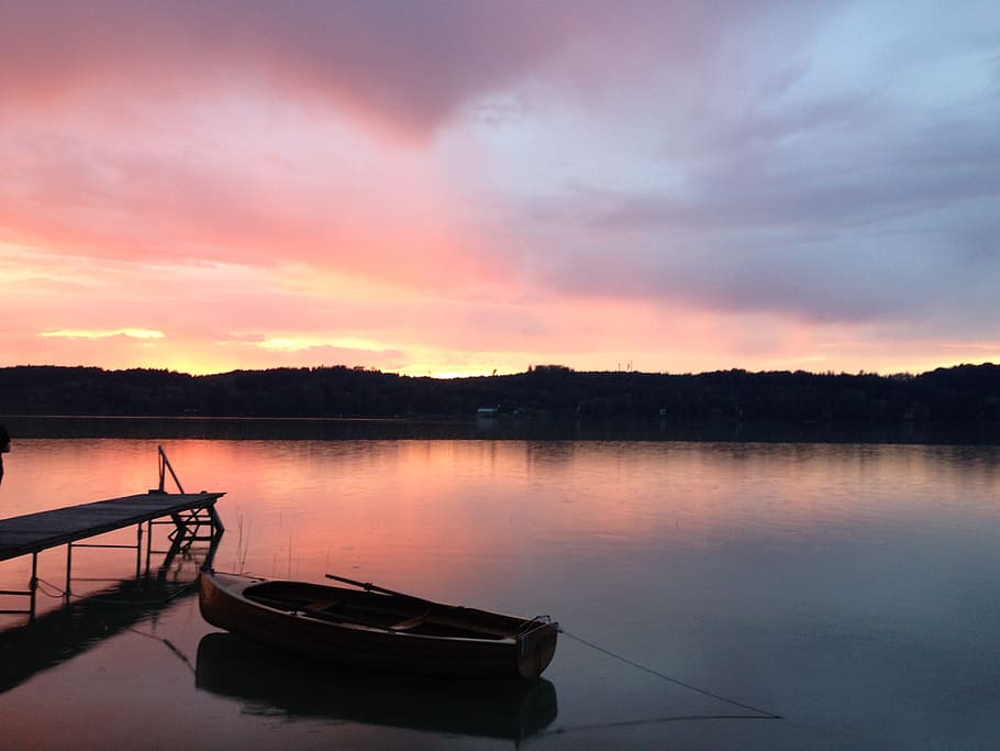 sunset, abendstimmung, boot, water reflection, romantic, mood HD wallpaper