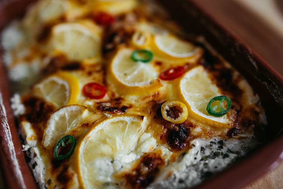 Fish casserole with lemon and herbs, cheese, food, homemade, lunch