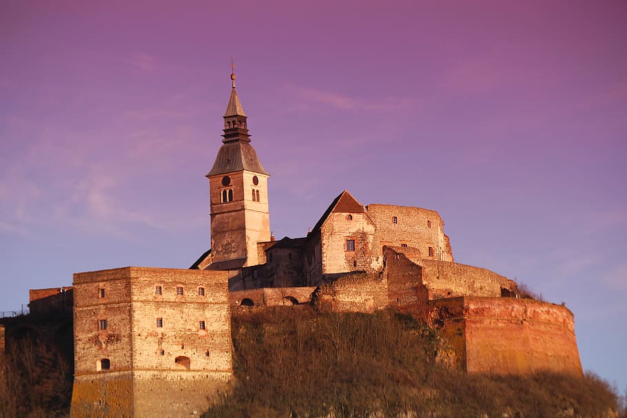 castle, güssing, austria, evening, sunset, architecture, building exterior HD wallpaper