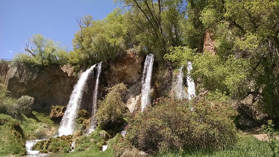 waterfall, mountain, natural, blue, scenic, landscape, outdoors HD wallpaper