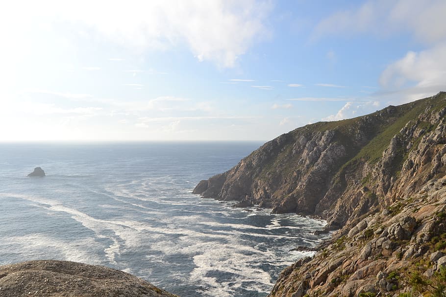 coastline, shore, cliff, rocks, craggywild, waves, foam, view HD wallpaper