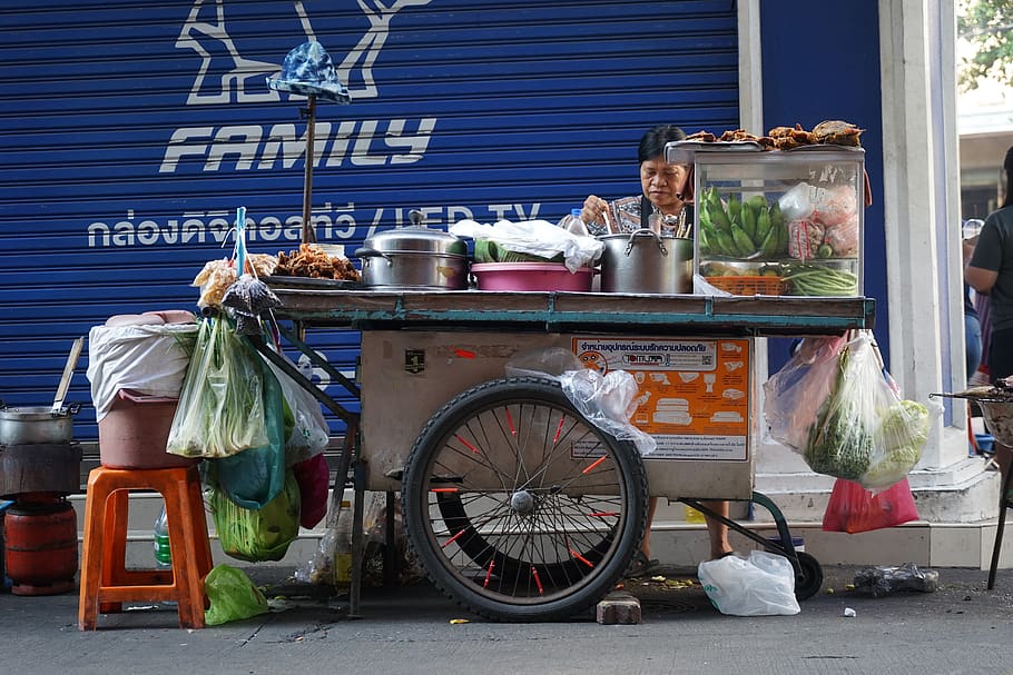 human, street food, transportation, text, day, mode of transportation HD wallpaper