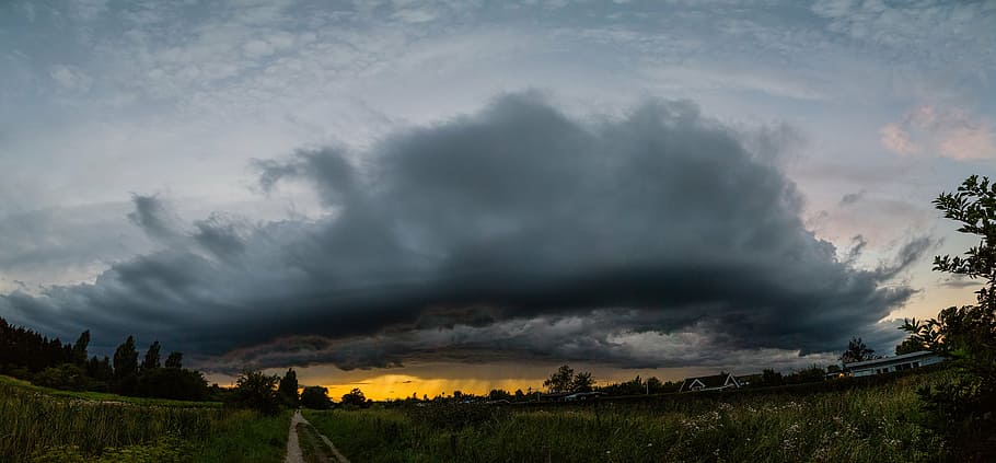 green grass under gray clouds photography, rain, sunset, storm HD wallpaper