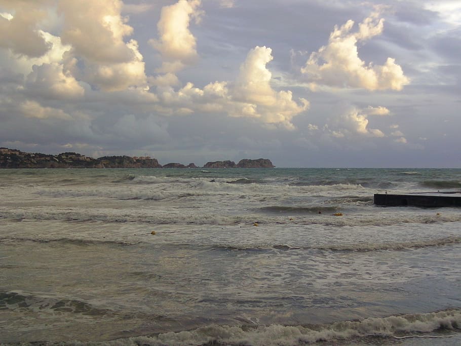 beach, clouds, thunderstorm, rain, sky, sun, sea, nature, coastline HD wallpaper