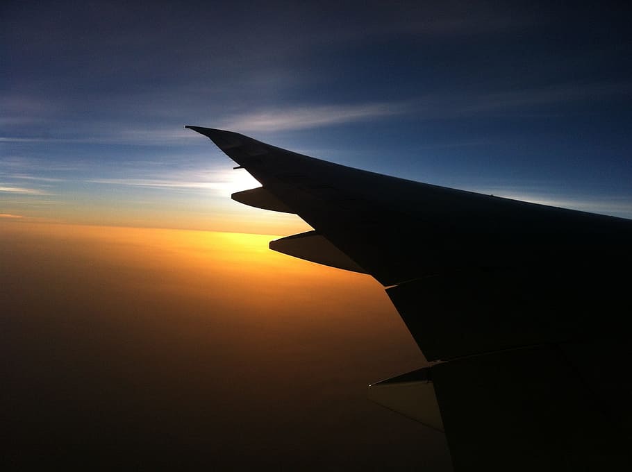 silhouette of airplane, Wing, Sunset, Sunrise, sky, orange HD wallpaper