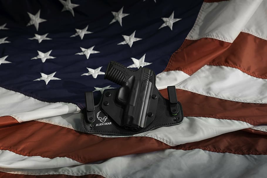 USA flag, holster, gun, pistol, weapon, war, military, security, HD wallpaper