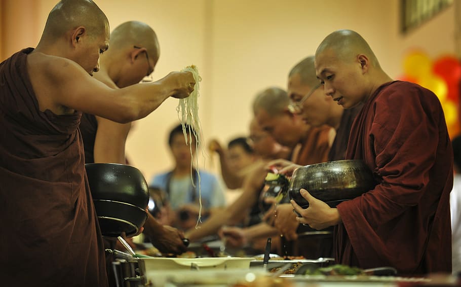 theravada buddhism, sangha taking alms food, monks having lunch, HD wallpaper