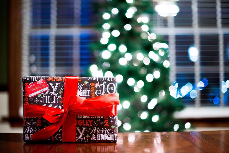 black and red gift box near lighted Christmas tree inside room HD wallpaper