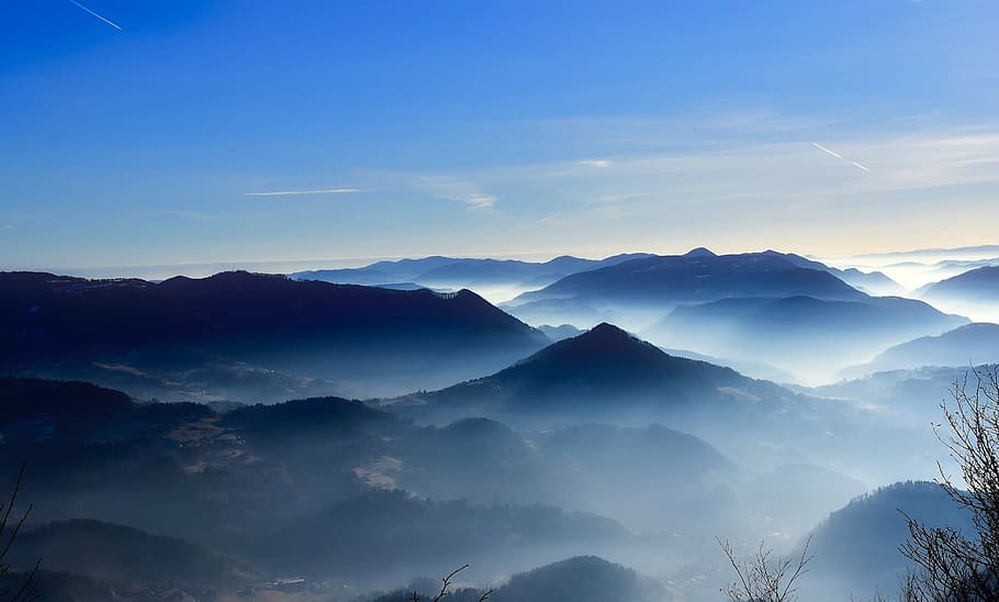 mountains with fogs at daytime, slovenia, sky, clouds, haze HD wallpaper