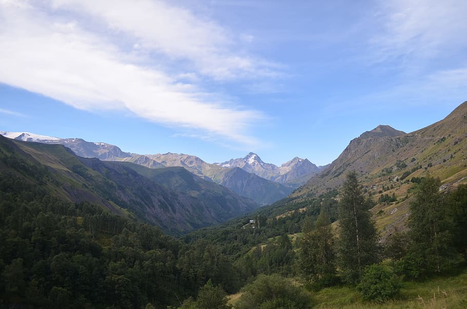 mountains, valley, sky, nature, view, landscape, trees, scenery HD wallpaper