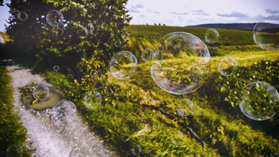 bubbles, grass, meadow, grass track, realistic bubbles, green HD wallpaper