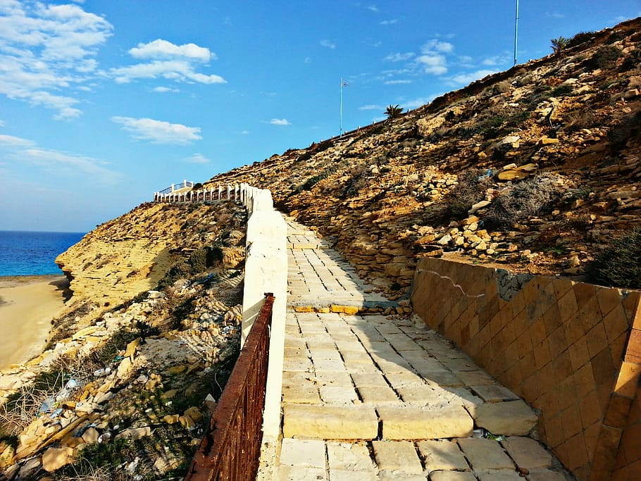 way, sky, nature, rocks, water, sea, architecture, day, solid HD wallpaper