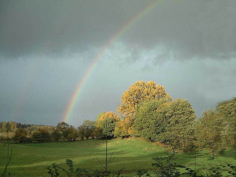 Rainbow, Mood, Nature, Landscape, autumn, sky, clouds, natural phenomenon HD wallpaper