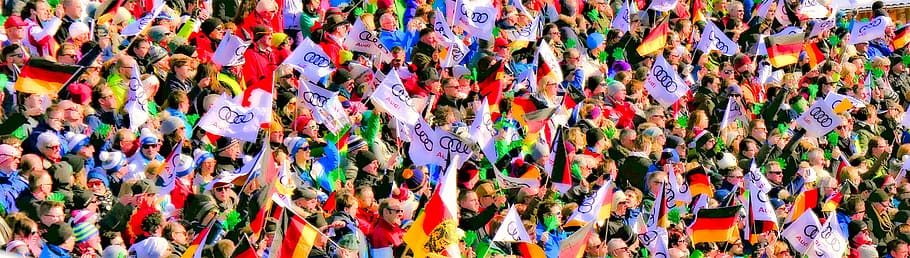 crowd, flag sea, flags, human, audience, fans, together, international HD wallpaper