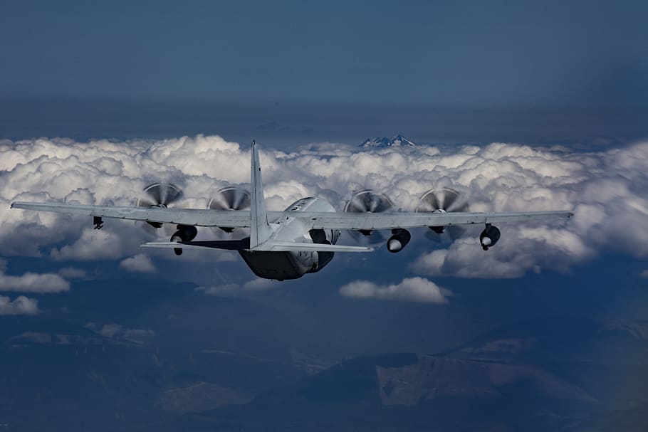 white airliner soaring on white clouds, kc-130j hercules, transport, HD wallpaper