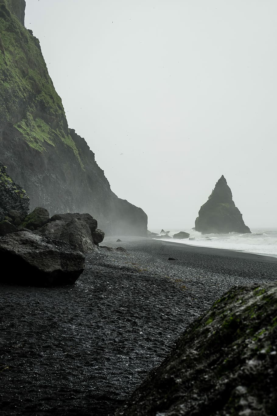 landscape photo of black rock formation on body of water near seashore, waves crashing rocks on coastline, HD wallpaper