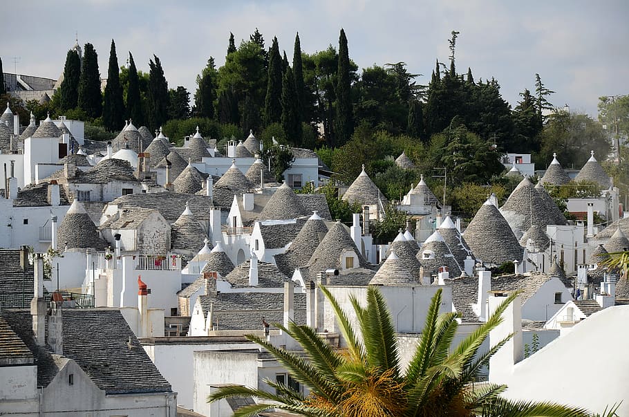 high-angle view of white village, italy, pouilles, trulli, alberobello
