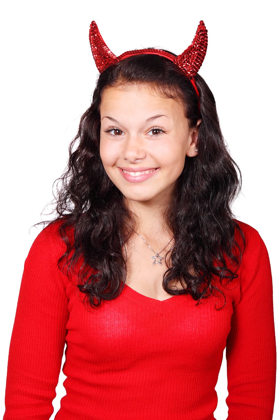 woman wearing red v-neck sweater, costume, cute, demon, devil HD wallpaper