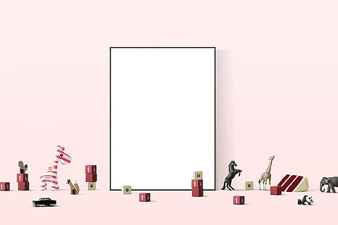 black photo frame near toys, poster mockup, template, interior HD wallpaper