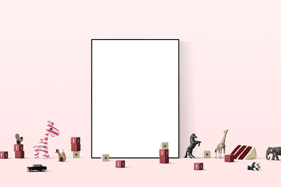 black photo frame near toys, poster mockup, template, interior HD wallpaper
