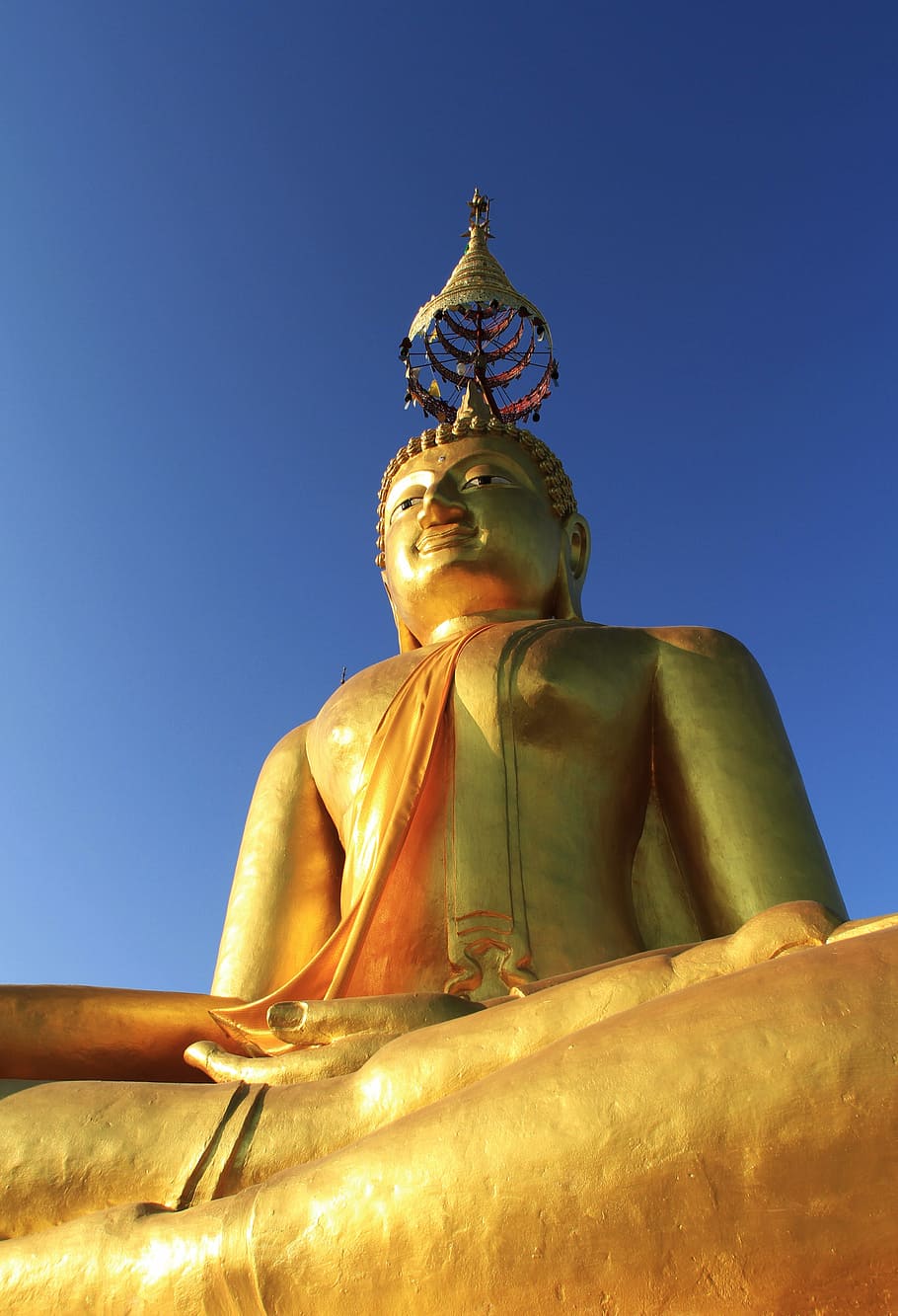 buddha, blue sky, gold, statue, sculpture, human representation HD wallpaper