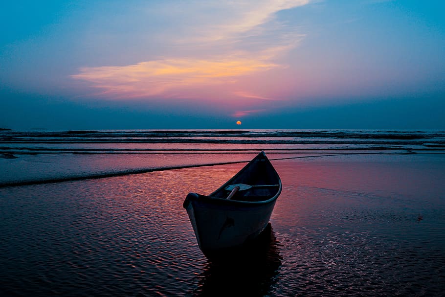 boat on water during sunset, ocean, ocean sunset, beach, nature HD wallpaper